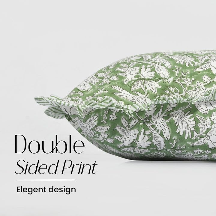 CPC COTTON PRINT CLU CPC Olive Green 100% Cotton Block Print Ruffle Sham Cover 12x20 inch  Handmade Boho Floral Pillowcase  Farmhouse Cottagecore Bedding  Soft Decorative Cushion Cover for Bedroom D?cor - Image 2